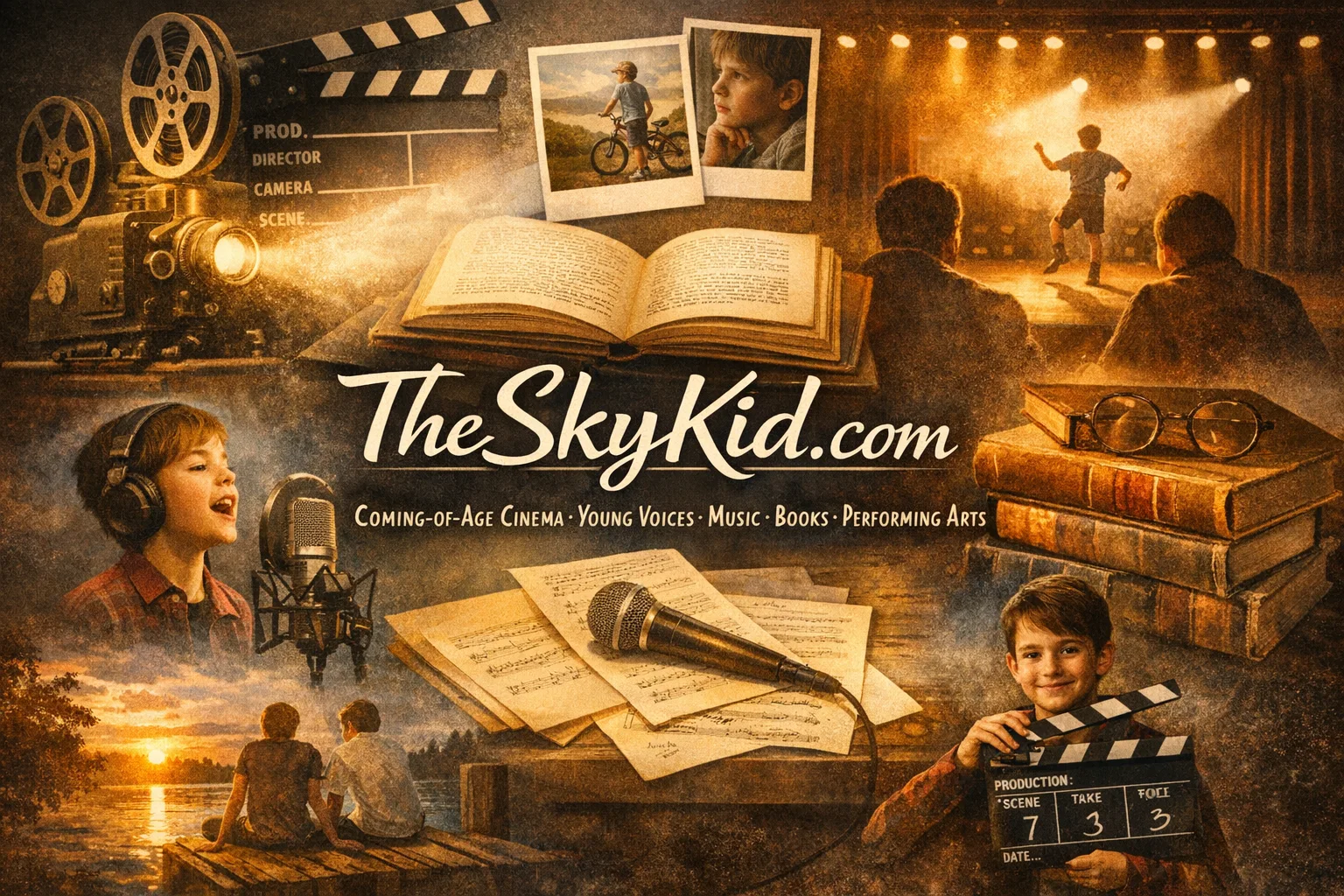 TheSkyKid.com collage representing film, music, books and performing arts
