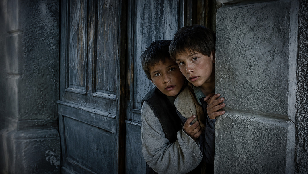 The twin brothers peer out at a world they are only beginning to understand—a quiet image that belies the emotional brutality to come.